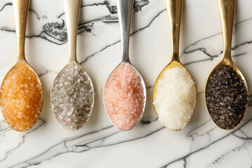 variety of gourmet salts on golden spoons arranged on a marble background