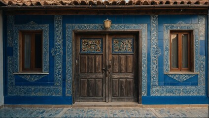 The blue house has many details, including many blue tiles, Moroccan style.