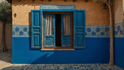 Obraz premium A blue window with wooden shutters stands in front of a blue wall in Morocco