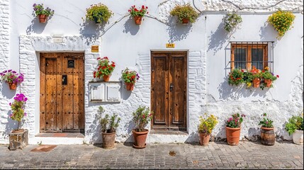 A white Andalusian building, with many flower pots