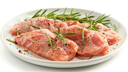 Fresh raw turkey breast fillet with rosemary on white plate isolated on white background