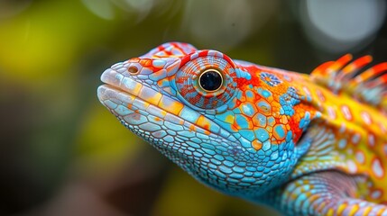 Brightly colored male rainbow agama lizard with blue orange green scales red dewlap looks out from branch - Powered by Adobe