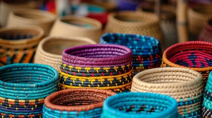 Curacaoan straw market with variety colorful handwoven baskets