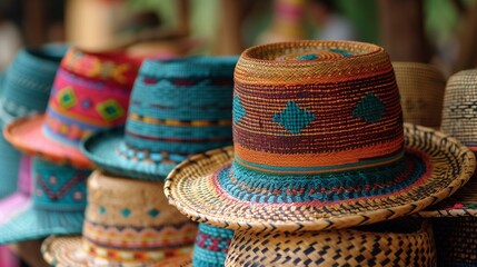 Colorful hand-woven straw hats with traditional costa rican patterns