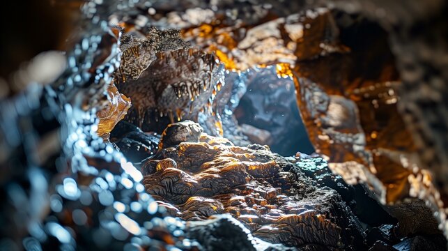 Lava cave with stalactite in foreground