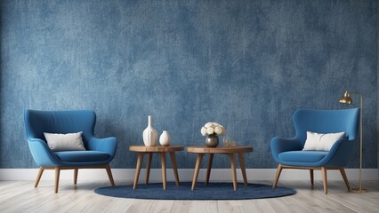 Scandinavian interior design of blue living room with modern furniture, wallpaper background