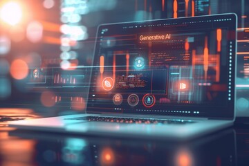 A sleek laptop screen showcases generative AI with animated holographic displays and data visualizations, illuminated by vibrant lights in a dark room.