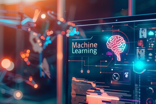 A computer screen displaying the words machine learning, surrounded by holographic information and innovative visuals, unlocks the power of AI technology.
