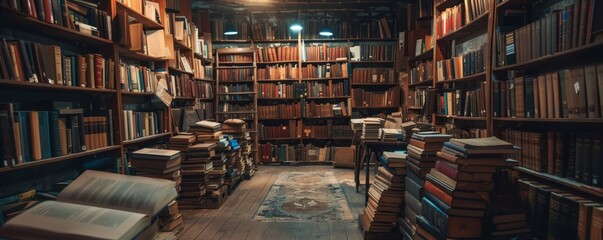 Obraz premium Vintage library with old books and wooden shelves. Cozy, dimly lit room full of ancient literature and literary charm.