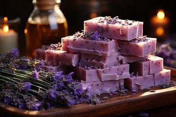 Lavender aroma soap cut and lying on a wooden board with fresh lavender flowers, aromatherapy with...