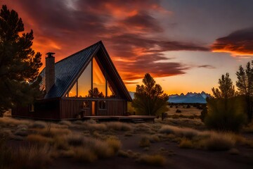 View of the house during sunset in the forest.