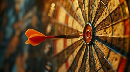Bullseye target goal or dartboard has dart arrow throw hitting center shooting for financial business targeting planning to winner concept., generated with ai
