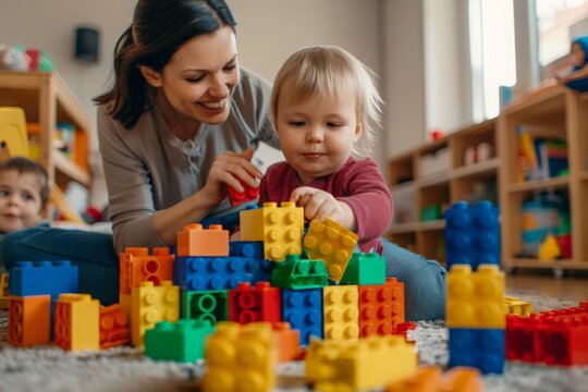 A woman and a child are joyfully playing on the floor with toys.