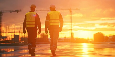 Two workers in high-visibility vests walk away towards a sunset on a construction site