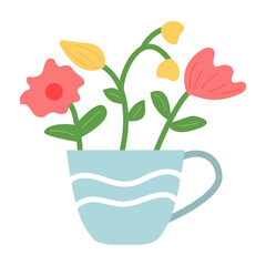 Cup of tea with flowers.Porcelain flower cups.A bouquet of flowers in a cup.Isolated on white background.Vector flat illustration.