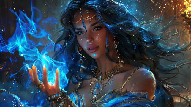 A beautiful magician holds blue flames in her hand, her long hair and gold jewelry flowing. She's a genie from Arabian legends.