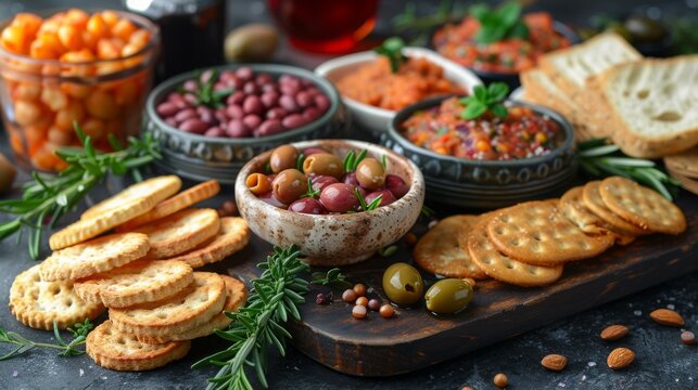 Aperitvo spread of rose, marcona almonds, olives, bread and crackers.