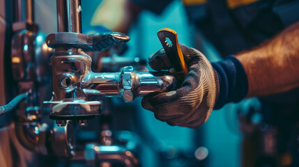 Closeup of a skilled repairman using an adjustable wrench to fix a leaky pipe in a residential building
