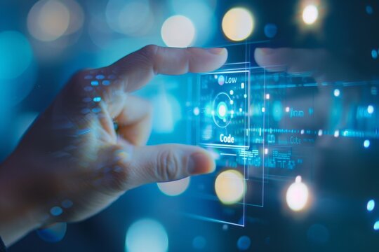 A consultant interacts with futuristic digital interfaces in an office, focusing on low code platforms, surrounded by a glowing blue technological ambience.