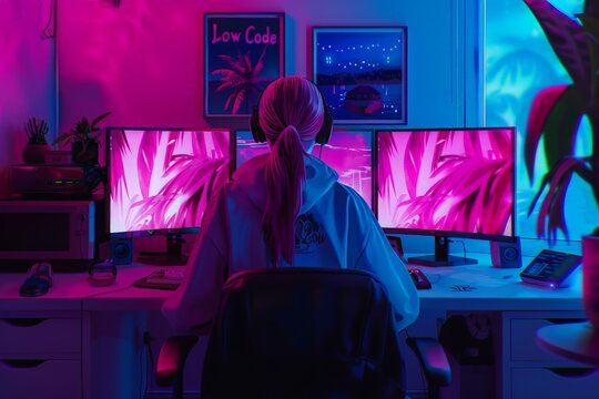 A tech consultant engrossed in low code development on a triple monitor setup, surrounded by vivid purple and blue neon lighting in their cozy home office.