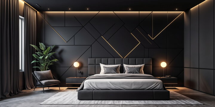 black bedroom with a large bed, a potted plant, and lights on.