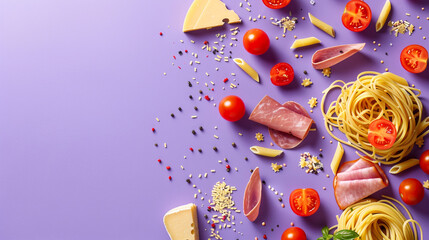 Italian pasta, tomatoes, ham, cheese, levitating purple background. Copy space