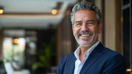 Fototapeta premium Confident Mature Professional Businessman Smiling in Modern Office Setting Corporate Headshot for Business Profiles, Marketing, and Branding