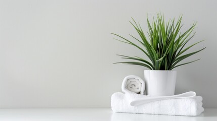 Roll white towels near houseplant on the white table in an empty room. Generated AI image