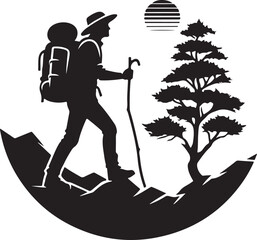 A man is hiking on a mountain ,silhouette vector style and white background.
