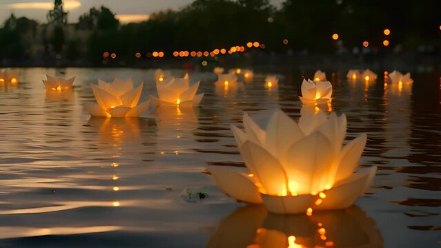 lotus lily flower lanterns with candles floating in the river. 