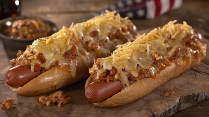 Cheesy classic hot dogs on a wooden table from top view, memorial day theme, memorial day, american flag, generated with ai