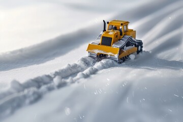 Yellow Toy Bulldozer Making Tracks in Snow, Winter Scene