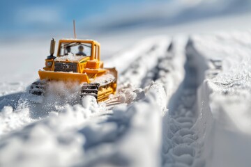 Toy Bulldozer Plowing Snow, Close-Up in Winter Setting