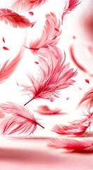 Group of pink feathers floating in the air on white surface with white background.