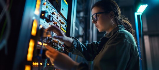 A technician is engaged in precise adjustments of sophisticated electronic equipment in a modern server room setup