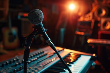 Microphone  in recording studio, Professional microphone on stage in the recording studio...