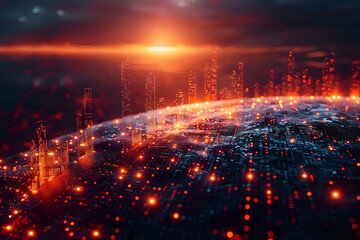 
Futuristic image of a glowing digital network over a cityscape at sunrise, perfect for technology themes, innovation concepts, and digital transformation projects.