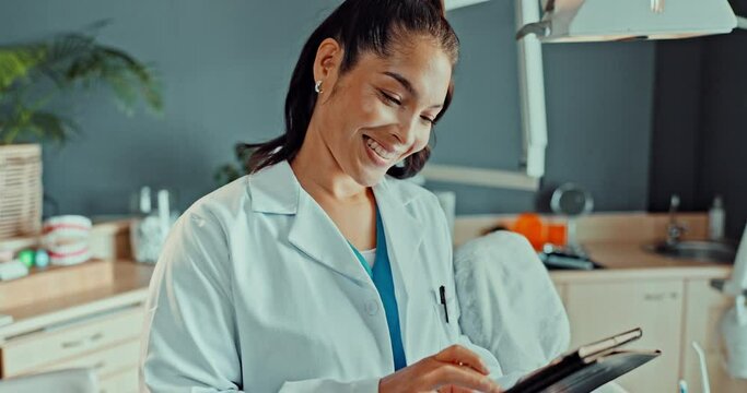 Healthcare, smile and tablet with dentist woman in office of hospital for professional dental care. Medical, oral hygiene or research and happy orthodontist in clinic with technology for schedule