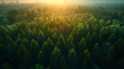 Aerial view of a lush forest canopy bathed in golden sunlight, perfect for nature photography, environmental themes, and serene landscape designs.