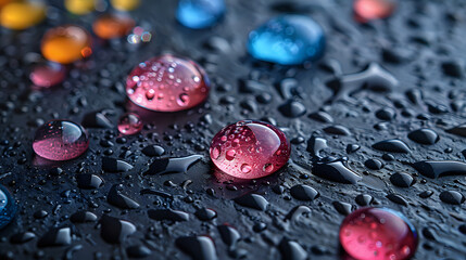 Close-up of colorful water droplets on a dark surface, perfect for abstract art, creative...