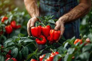 Close-up of a farmer's hands holding freshly harvested red bell peppers in a lush garden, perfect for agricultural themes, farm-to-table concepts, and organic food promotions.