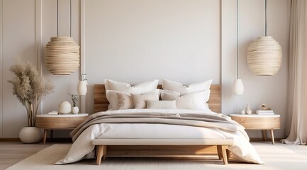 country interior design of modern bedroom with white and cream pillows on bed
