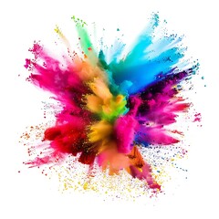 Multicolor rainbow powder, paint explosion on white isolated background. 
