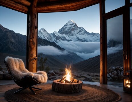 fire pit with a mountain view, a chair with a fur blanket, and a log cabin design.