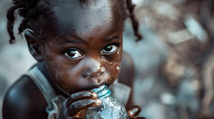 August 31 is the International Day of People of African Descent. June 17 is World Day to Combat Desertification and Drought. Portrait of an African-American girl greedily drinking water from a bottle
