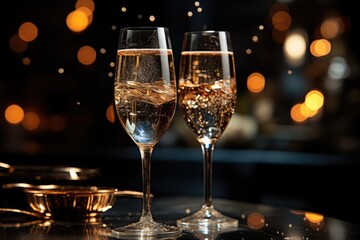 Illustration of two tall champagne cups on the dark background banner with sparkli, generative IA