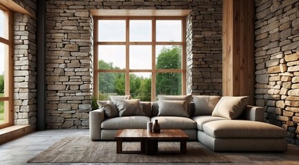 Corner sofa against window in room with stone cladding walls Farmhouse style interior design of modern living room