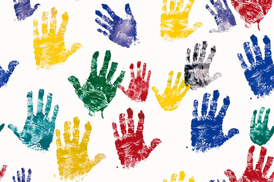 Seamless pattern with colorful handprints on a white background. Perfect for children’s projects, textiles, and creative designs. Vibrant, playful, and decorative.