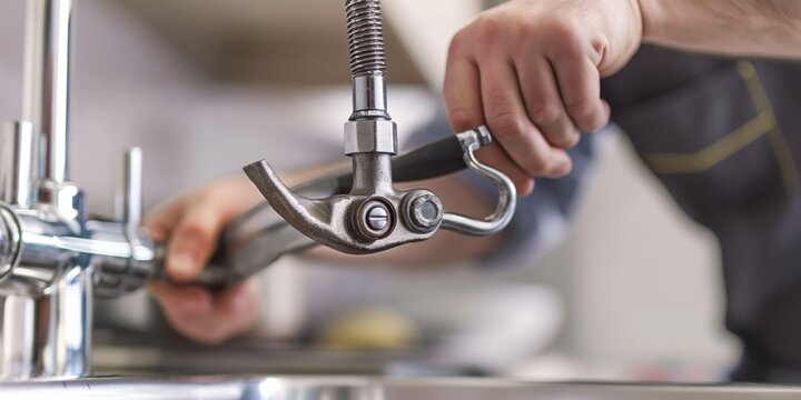 Close-up image of a plumber's hands using an adjustable wrench to fix a sink - Powered by Adobe