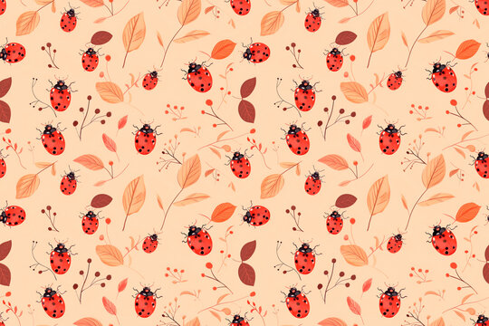 Seamless pattern with ladybugs and autumn leaves on a light beige background. Ideal for nature-themed designs, textiles, and decor. Cute, whimsical, and decorative.